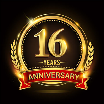 Celebrating 16th years anniversary logo with golden ring and red ribbon.
