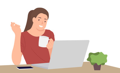 Cartoon people character design young woman holding coffee cup sitting in front of desk using laptop
