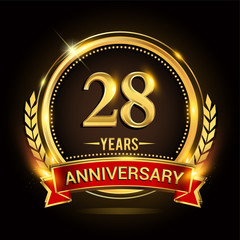 Celebrating 28th years anniversary logo with golden ring and red ribbon.