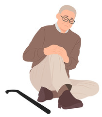 Cartoon people character design senior old man sitting on the floor and holding his painful knee