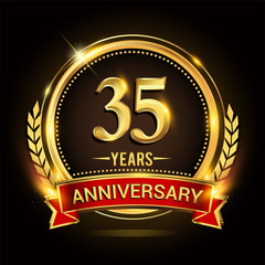 Celebrating 35th years anniversary logo with golden ring and red ribbon.
