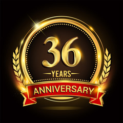 Celebrating 36th years anniversary logo with golden ring and red ribbon.