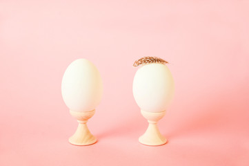 Egg and feathers on a pink background close-up and copy space. Easter concept with egg and feathers.