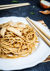 Asian noodles with chicken meat