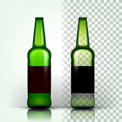 Beer Bottle Vector. Craft Cold Drink. Brewery Poster. Pub Refreshment. Green. 3D Transparent Isolated Realistic Illustration