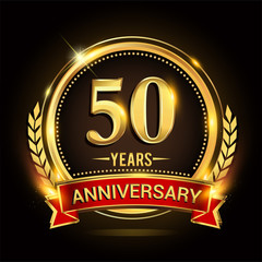 Celebrating 50th years anniversary logo with golden ring and red ribbon.