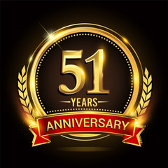 Celebrating 51st years anniversary logo with golden ring and red ribbon.