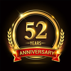 Fototapeta premium Celebrating 52nd years anniversary logo with golden ring and red ribbon.
