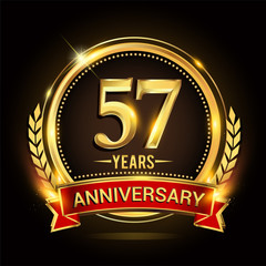 Celebrating 57th years anniversary logo with golden ring and red ribbon.