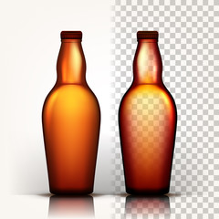 Beer Bottle Vector. Oktoberfest Brew. Alcoholic Sign. Brown. 3D Transparent Isolated Realistic Illustration