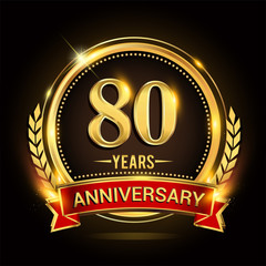 Celebrating 80th years anniversary logo with golden ring and red ribbon.