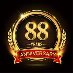 Celebrating 88th years anniversary logo with golden ring and red ribbon.