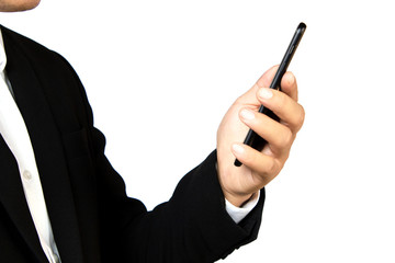 Male hand holding a  smartphone on white background, business concept.