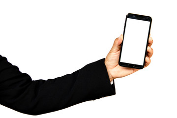 Male hand holding a  smartphone on white background, business concept.
