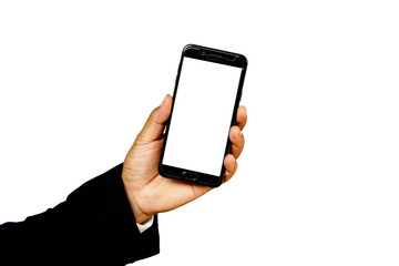 Male hand holding a  smartphone on white background, business concept.