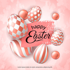 Happy Easter banner with realistic pink golden eggs on textured background. Template of 3d easter eggs with patten for card, invitation, sale, web, post. Greeting card trendy design