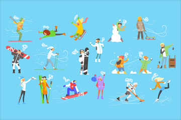 People engaged in winter sports, adult and children at winter holidays vector Illustration