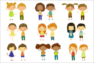 Boys and girls set, cute happy little kids vector Illustrations on a white background
