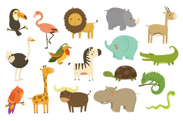 Jungle animals and birds set, flamingo, gazelle, elephant, rhinoceros, ostrich, toucan, lion, turtle, crocodile, giraffe vector Illustrations on a white background