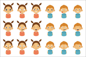 Boys and girls with different emotions set, funny faces of little kids vector Illustrations on a white background