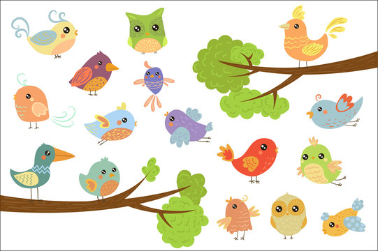 Cute bird characters set, cute colorful cartoon birds flying, singing, sitting on the branch vector Illustrations on a white background