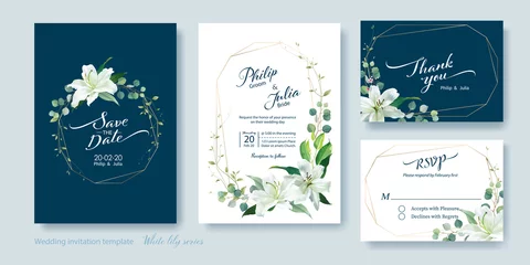 Foto op Plexiglas Wedding Invitation card, save the date, thank you, rsvp template. Vector. White lily flower, silver dollar plant, olive leaves, Wax flower. © negoworks