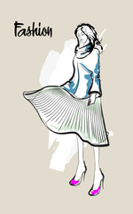 Hand drawn beautiful young woman. Stylish girl. Fashion woman sketch. Fashion model girl.