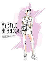 Hand drawn beautiful young woman. Stylish girl. Fashion woman sketch. Fashion model girl.