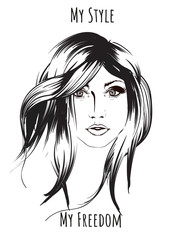 Fashion girls face. Woman face. Hand-drawn fashion model. Girl face in a fashionable hat on a black background.