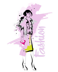 Hand drawn beautiful young woman. Stylish girl. Fashion woman sketch. Fashion model girl.
