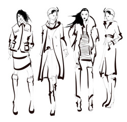 Stylish fashion models. Pretty young girls. Fashion womans Sketch