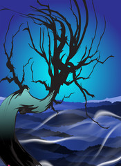 Dried tree Vector illustration. Night landscape with dried tree in the fog.