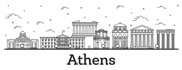 Outline Athens Greece City Skyline with Historical Buildings Isolated on White.
