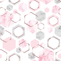 Foto op Plexiglas Hexagon Naadloze abstracte geometrische patroon met rose goud, roze en grijze marmeren zeshoeken op witte achtergrond