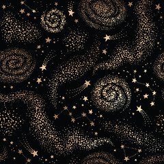 Galaxy seamless black pattern with gold nebula, constellations and stars - 257806433