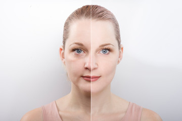 facial gymnastics. the girl does massage and rejuvenating exercises for the face