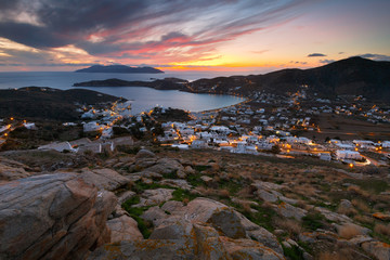 Evening view of the harbour on Ios island, Greece. 