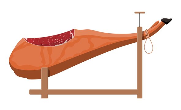 Jamon on the wooden jamonera. Spanish pork meat gourmet. Bacon ham product. Whole pig leg. Vector illustration in flat style