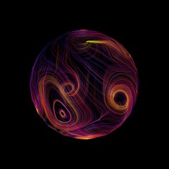 Abstract sphere of colorful curved lines. Isolated on black background. 3D rendering.