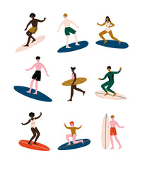 People of Different Nationalities Riding Surfboards set, Male and Female Surfers Enjoying Summer Vacation on Sea or Ocean Vector Illustration