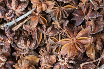 Anise stars heap in a chinese market in Chengdu, China