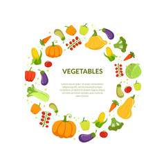 Round Frame of Different Fresh Vegetables Vector Illustration