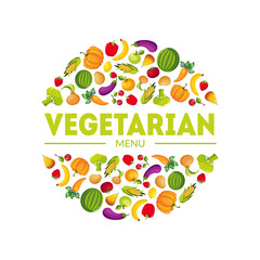 Vegeterian Menu, Farm Fresh Colorful Vegetables in Circular Shape Vector Illustration