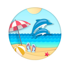 Dolphin jumping out of the water on beach background. Cut out paper art style design