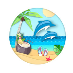 Dolphin jumping out of the water on beach background. Cut out paper art style design