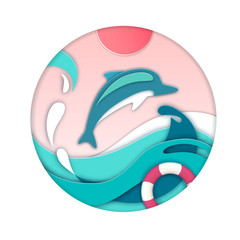 Dolphin jumping out of the water. Cut out paper art style design