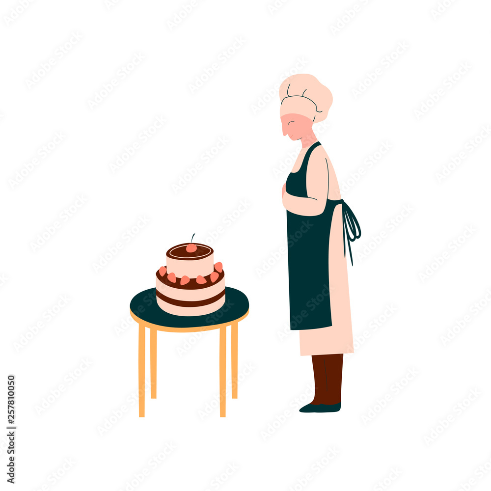 Sticker female cook making and decorating cake, professional confectioner character in uniform vector illust