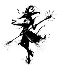 Witch with a staff in a hat with a curl