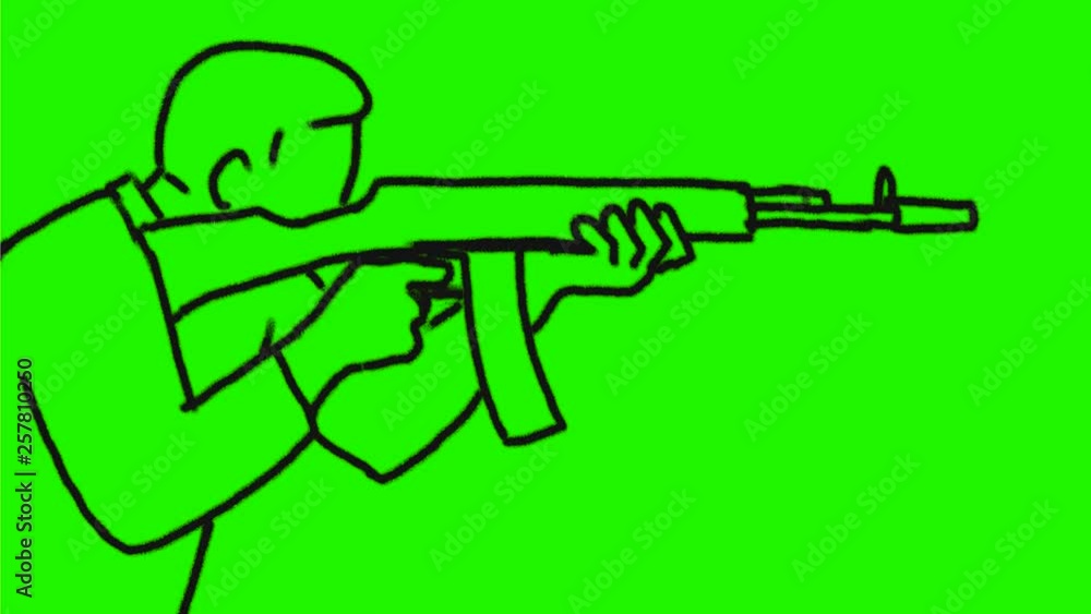 Poster 2d animation motion graphics of a drawing of a man firing an assault rifle viewed from side on white