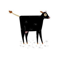 Black Cow, Side View, Dairy Cattle Animal Husbandry Breeding Vector Illustration